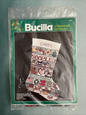 Vintage Bucilla Christmas Sampler Counted Cross Stitch Stocking 18”